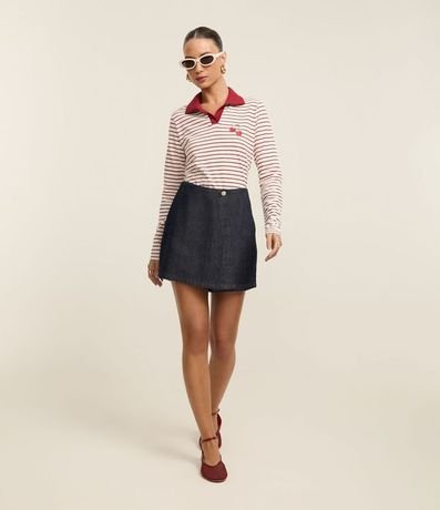 Blusa Rayada en Algodón con Cuello Polo y Bordado Cereza 3