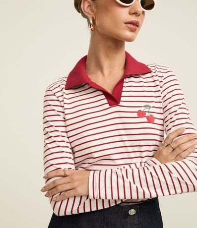 Blusa Rayada en Algodón con Cuello Polo y Bordado Cereza 4
