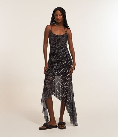 Vestido en Tule Estampa de Lunares con Breteles y Consejos