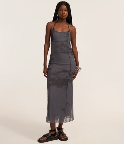 Vestido Largo en Tule con Bretel Fino y Estampa Manchada 3