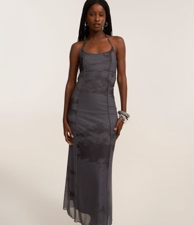 Vestido Largo en Tule con Bretel Fino y Estampa Manchada