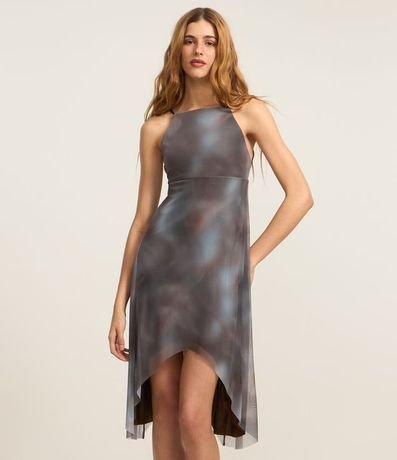 Vestido Corto en Tule con Escote Halter y Estampa Manchada