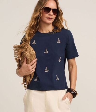 Blusa Slim en Algodón con Bordados de Barco de Vela