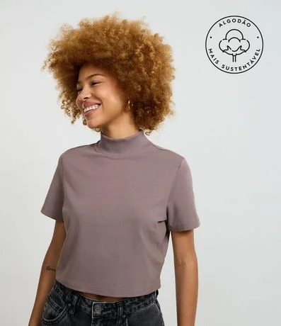 Blusa T-Shirt Cropped en Algodón con Cuello Alto
