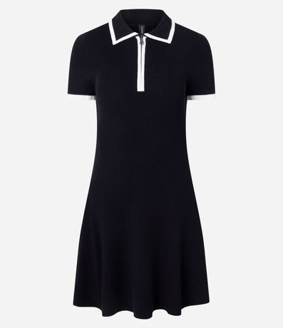 Vestido Corto en Punto con Cuello Polo y Biés Contrastantes