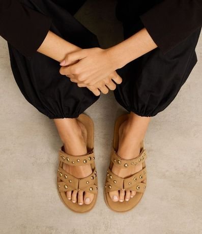 Sandalia Plana con Efecto Gamuza y Correas de Velcro y Esferas 7