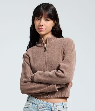 Saco en Punto con Cremallera y Cuello Alto