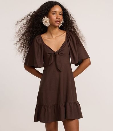 Vestido Evasê Corto en Viscolino con Nudo en el Escote