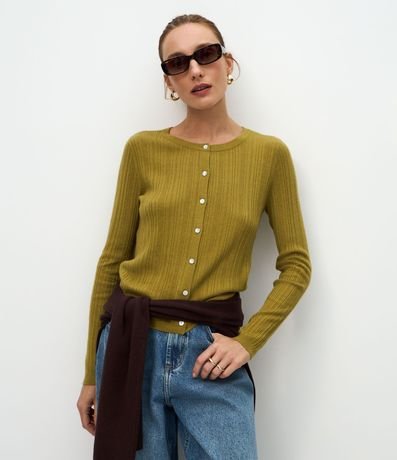 Cardigan Básico Ajustado en Punto Canelado