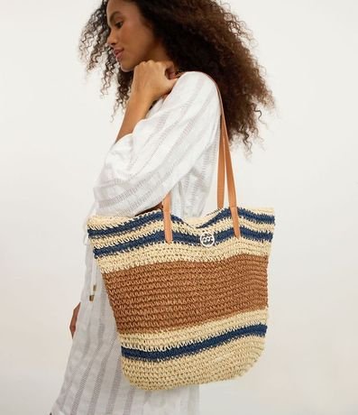 Bolsa de Playa en Paja con Rayas Tricolores y Asa en PU
