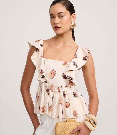 Blusa en Viscolino con Bretel de Volado y Estampa de Caracola