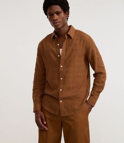 Camisa Regular en Lino con Textura Grid y Manga Larga
