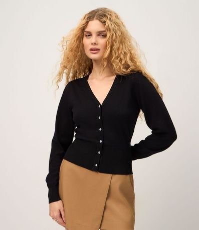 Cardigan en Punto con Cuello V y Botones Perlados