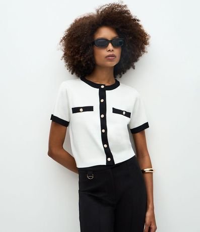 Cardigan en Punto con Manga Corta y Contrastes