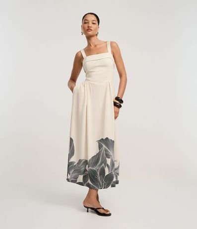 Vestido Evasê Midi en Viscolino con Estampa Floral y Follaje 2