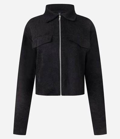 Campera en Suedine con Cuello de Solapa y Bolsillos Fake