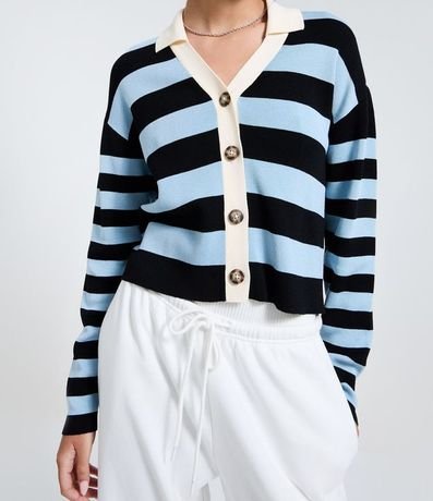 Saco Cardigan en Punto con Cuello Polo y Rayas 5