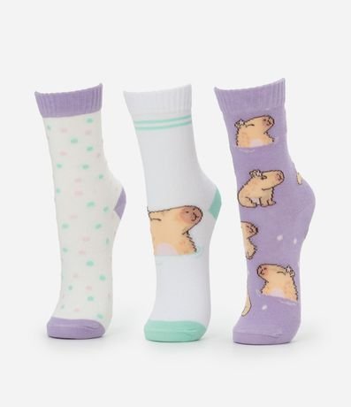 Kit 03 Medias Infantiles Cano Mediano Estampa Carpincho - Talle 23 al 34