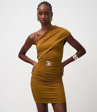 Vestido Corto en Microfibra con Escote Hombro Único y Cinturón