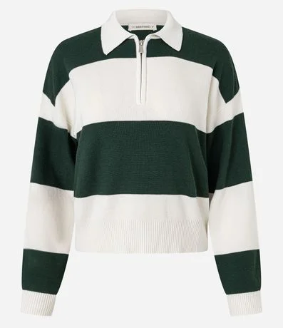 Suéter en Punto con Cuello Polo y Estampa Rayada