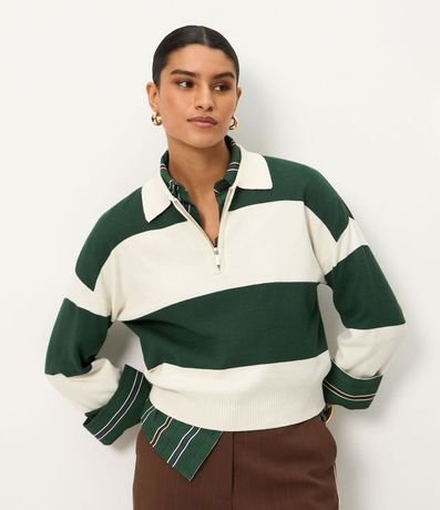 Suéter en Punto con Cuello Polo y Estampa Rayada 1