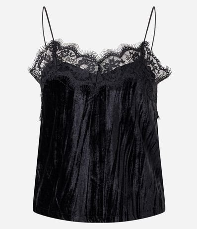 Blusa de Terciopelo con Breteles Finos y Escote de Encaje 4