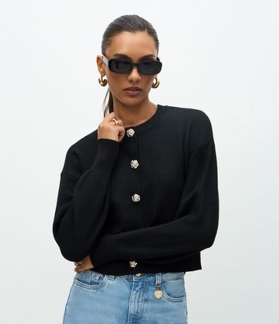 Cardigan en Efecto Punto con Botones Florales