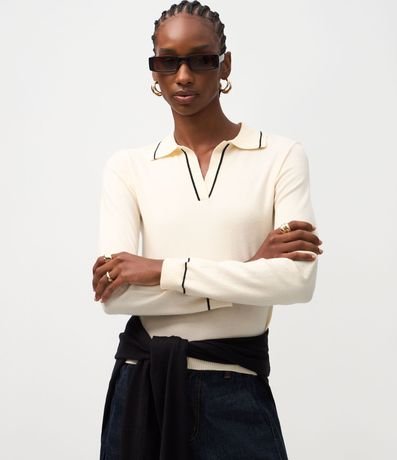 Blusa Polo en Punto con Manga Larga y Biés Contrastantes