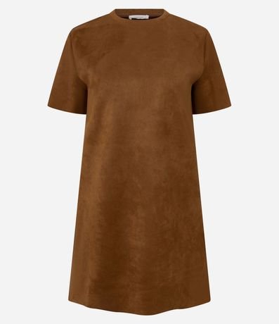 Vestido Corto Recto en Gamuza con Cuello Redondo