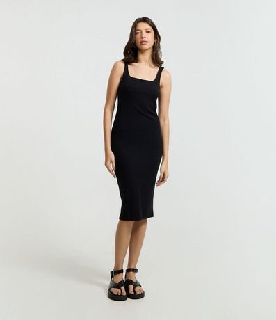 Vestido Midi en Rib con Escote Cuadrado