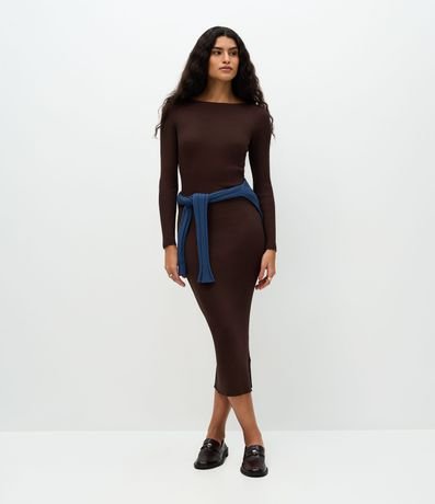 Vestido Midi de Punto Ajustado y con Cuello Barco