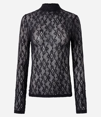 Blusa Manga Larga en Encaje con Cuello Alto