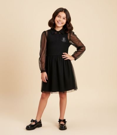 Vestido Infantil Cuello Polo con Tule Wednesday - Talle 5 a 14 años