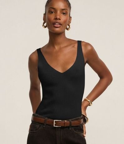 Blusa Acanalada en Punto con Escote v y Espalda Descotada