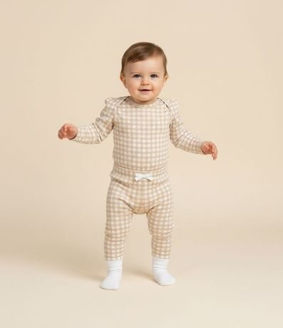 Pantalón Infantil en Rib con Estampado Vichy y Lazo – Talle RN a 18 Meses