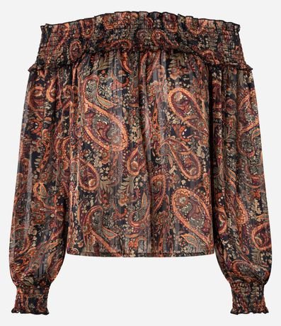 Blusa Bata en Chiffon con Escote Hombro a Hombro y Estampado Paisley 3