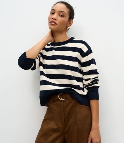 Suéter en Chenille con Estampado Rayada y Cuello Redondo