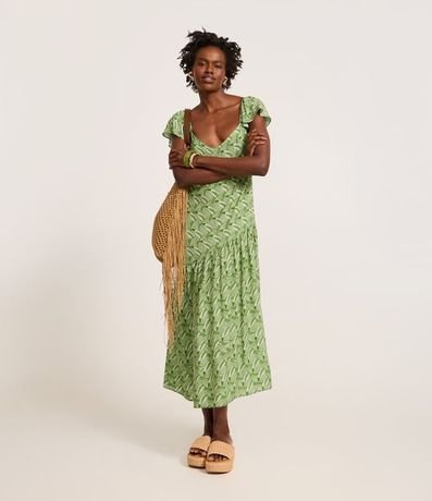 Vestido Largo de Viscosa con Estampa de Tucanes