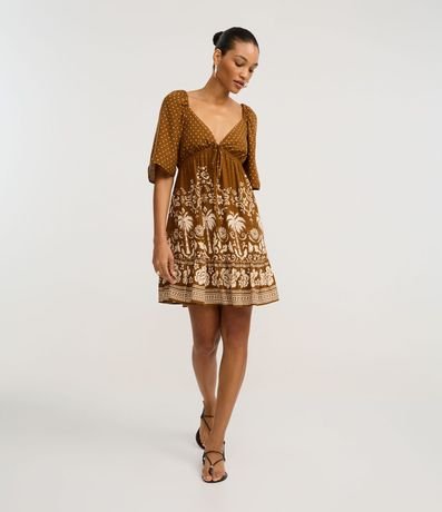 Vestido Evasê Corto en Viscosa con Estampado de Lunares y Follaje