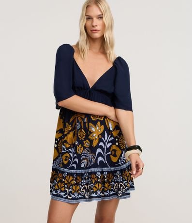 Vestido Evasê corto en Viscosa con Estampado Follaje