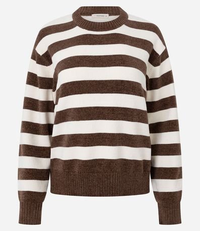 Suéter en Chenille con Estampado Rayada y Cuello Redondo