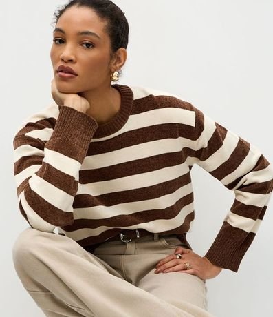 Suéter en Chenille con Estampado Rayada y Cuello Redondo