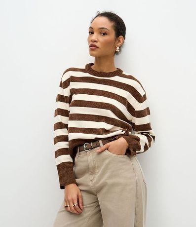 Suéter en Chenille con Estampado Rayada y Cuello Redondo