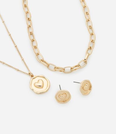 Conjunto de Collar Capas con Eslabones y Colgante Botón y Caravanas Botón Corazón