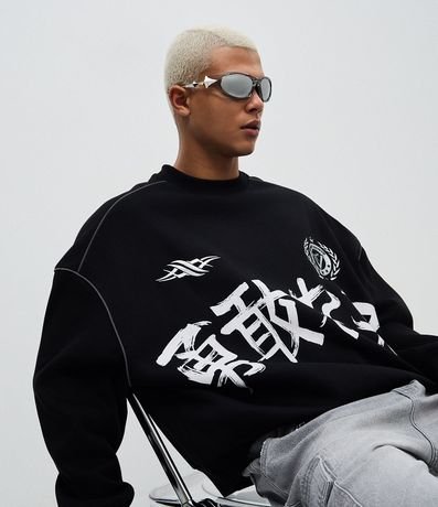 Saco Algodón con Felpa Estampado Lettering Japonés y Bordado