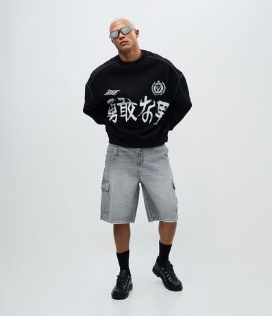 Saco Algodón con Felpa Estampado Lettering Japonés y Bordado 2