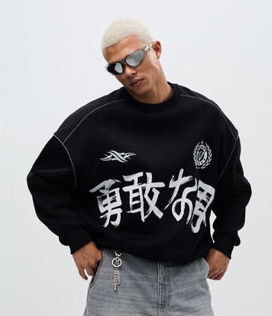 Saco Algodón con Felpa Estampado Lettering Japonés y Bordado 3
