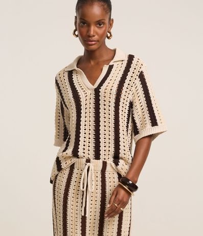 Blusa Boxy Rayada en Punto con Punto Cutout de Efecto Ganchillo