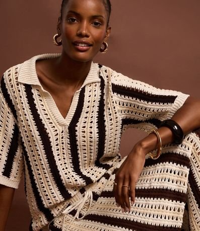 Blusa Boxy Rayada en Punto con Punto Cutout de Efecto Ganchillo 6