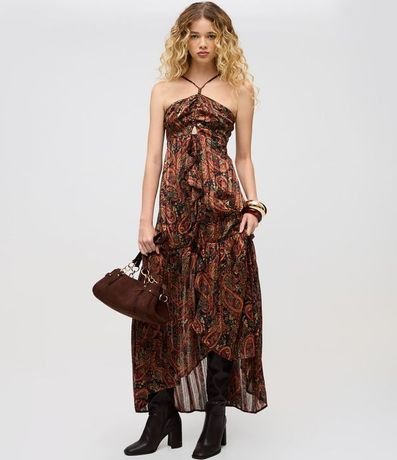 Vestido Largo Estampado con Breteles Finos y Escote Halter 3